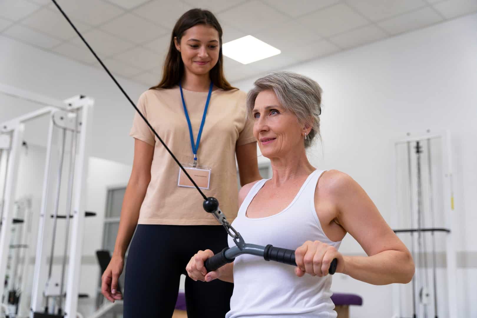 Allied health professional helping older lady with physiotherapy exercise